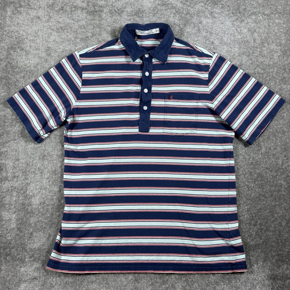 Criquet Polo Shirt Men's Medium Blue Striped Organic Cotton Casual Beachy Golf